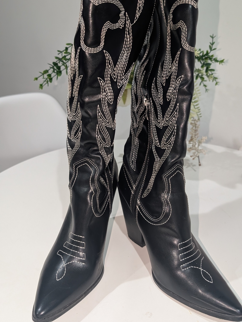 Fashion Nova Black Knee-High Western Embroidered Boots